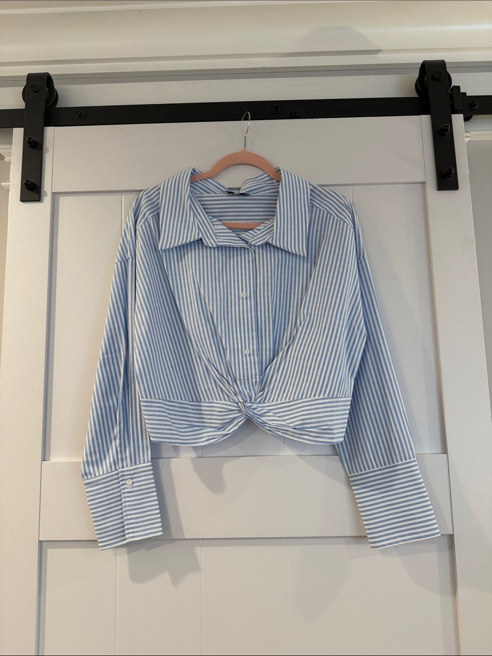 Vici Dolls Women's Light Blue Striped Twist-Front Shirt